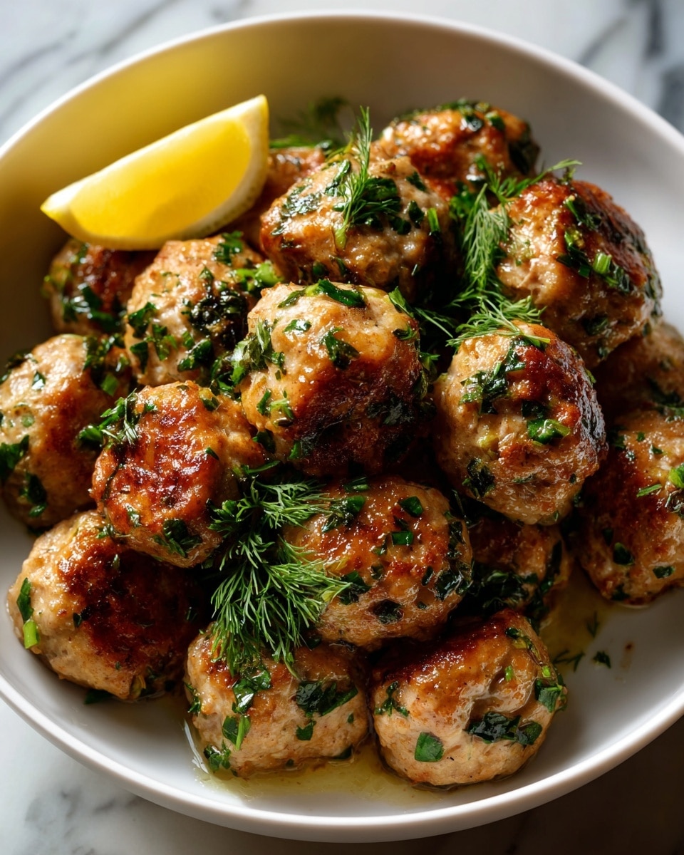 A close-up of many round meatballs piled in a white bowl with red trim, each meatball is light brown with green herbs and small red flakes mixed in, their surfaces shiny and slightly oily, and a small lemon wedge rests among the meatballs; the background shows a white marbled surface. photo taken with an iphone --ar 4:5 --v 7