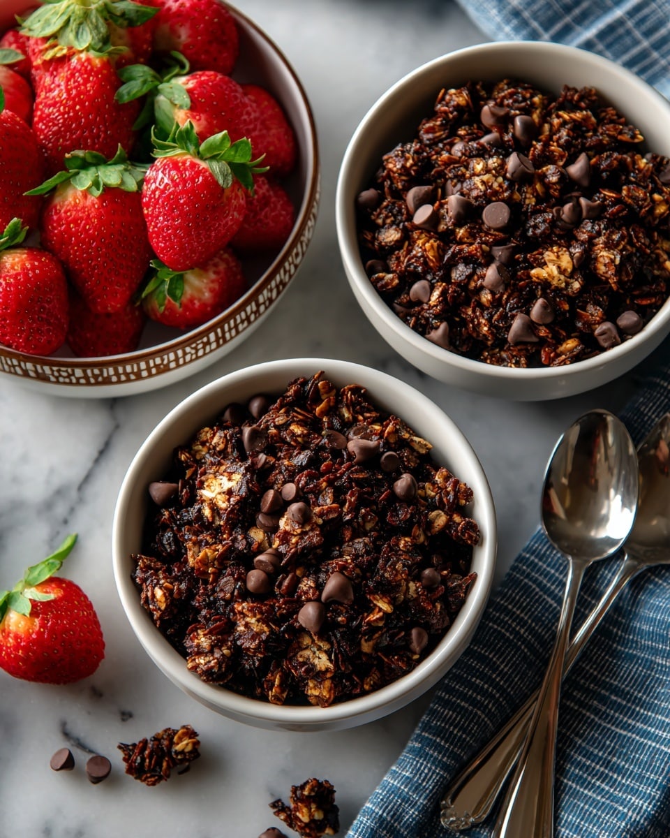 A metal baking tray holds a batch of crunchy granola scattered unevenly across a white parchment paper. The granola clusters vary in size and color, mostly in dark brown shades with lighter brown oat flakes clearly visible. Mixed in are small dark chocolate chips spread throughout, adding contrast to the clusters. On the right edge of the image, a soft light blue and white checkered cloth peeks into the scene. The background surface is a white marbled texture. Photo taken with an iphone --ar 4:5 --v 7