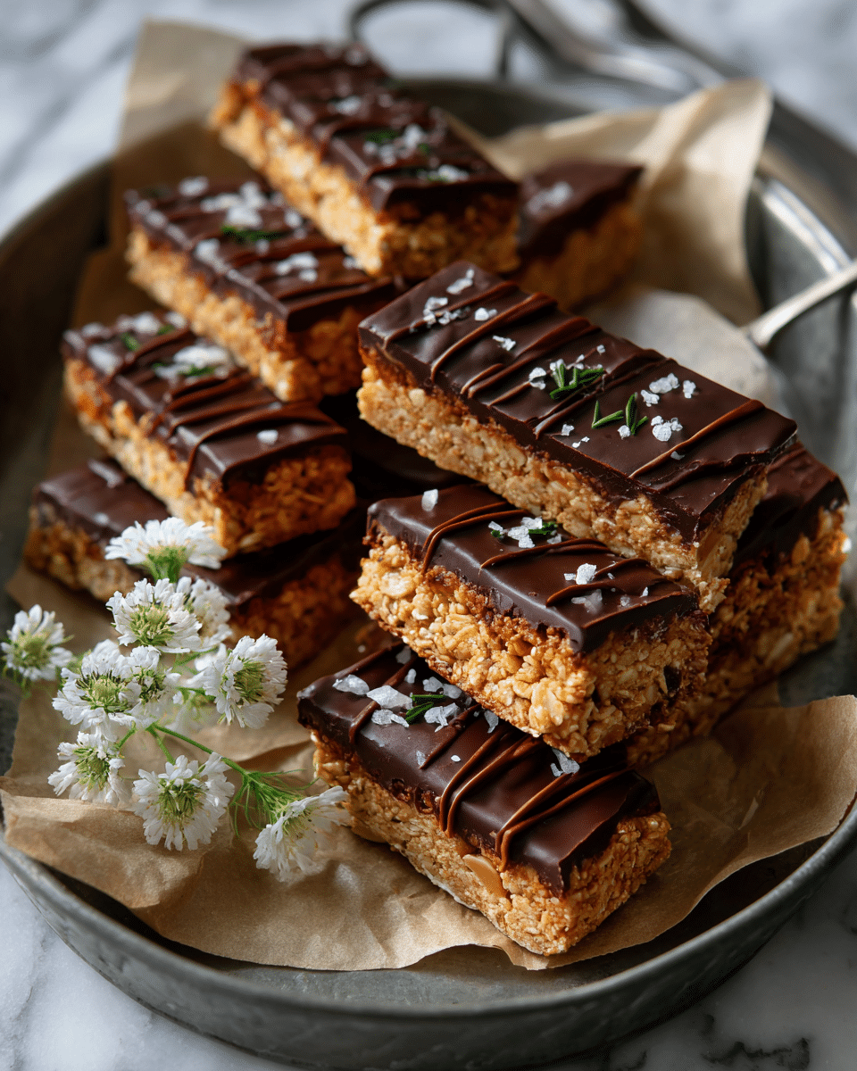 A dark metal tray holds several rectangular granola bars with visible oat and nut textures, some bars partially dipped or drizzled with dark chocolate on the top layer, creating a glossy, smooth, and slightly rough surface. The granola bars are placed on crumpled brown parchment paper on one side of the tray. White delicate flowers with green stems rest loosely on the tray near the bars, adding softness to the composition. The entire scene is set on a white marbled surface with natural light casting gentle shadows, giving a warm and cozy feeling. Photo taken with an iphone --ar 4:5 --v 7