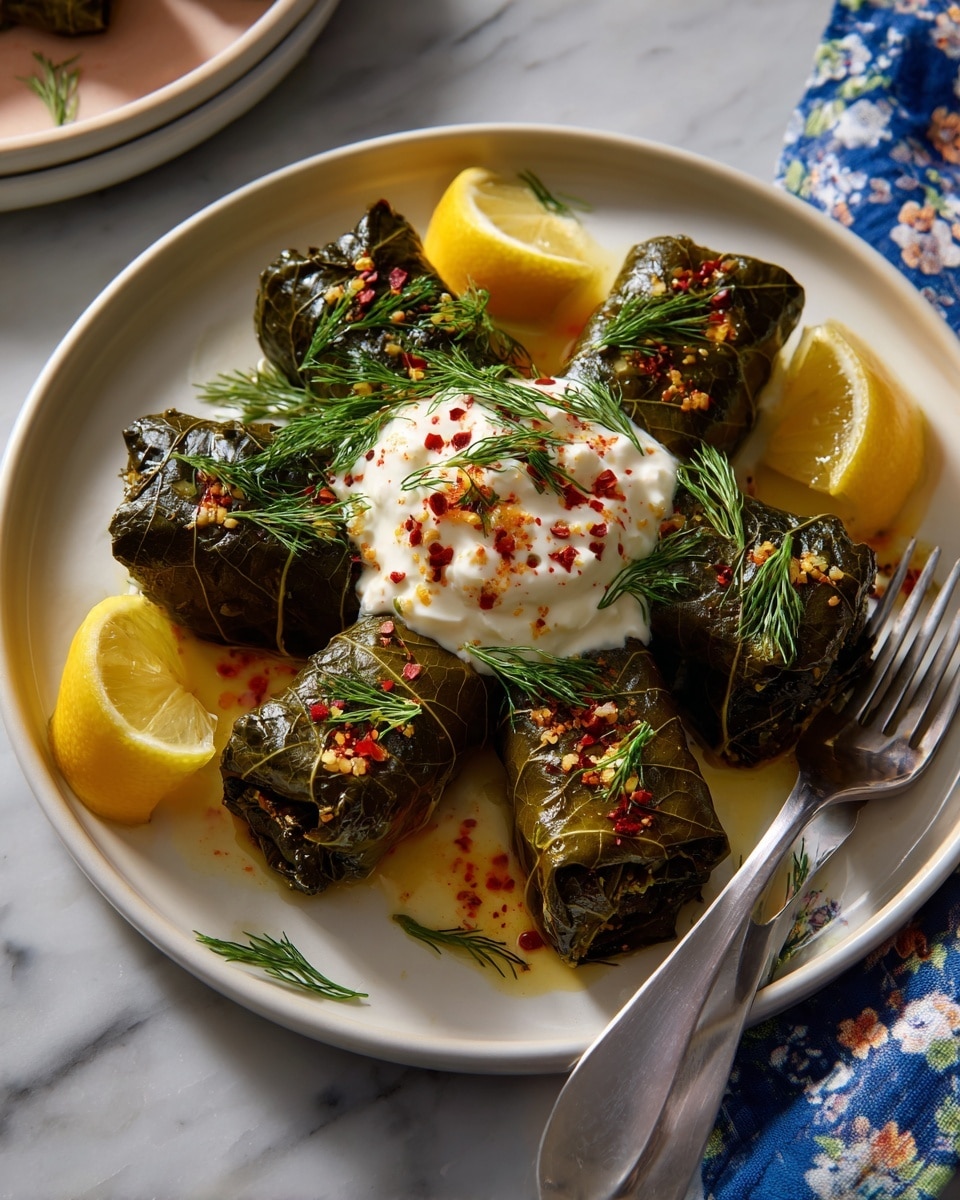 The dish shows a white plate with a pile of dark green stuffed grape leaves arranged in a circle. On top of the grape leaves is a thick layer of white creamy sauce sprinkled with small red spices and decorated with three small green dill sprigs. Around the grape leaves are placed bright yellow lemon slices for color contrast. A shiny silver fork is placed on the right side of the plate, resting on a white marbled surface. The photo taken with an iphone --ar 4:5 --v 7