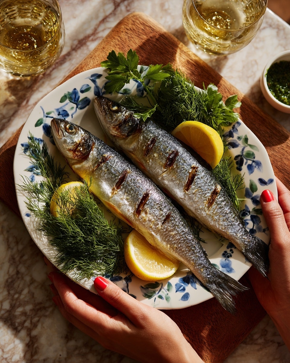 Two whole cooked fish with silvery gray skin and slits on their sides lie side by side on a white plate with blue leaf patterns; underneath the fish are bright yellow lemon slices and green herbs, surrounded by sprigs of fresh dill and parsley. A woman's hand with red nail polish holds the edge of the plate at the bottom right and the top left. The plate sits on a wooden board, and there is a small bowl of green sauce and a glass with yellow liquid nearby. The background is a white marbled texture. photo taken with an iphone --ar 4:5 --v 7