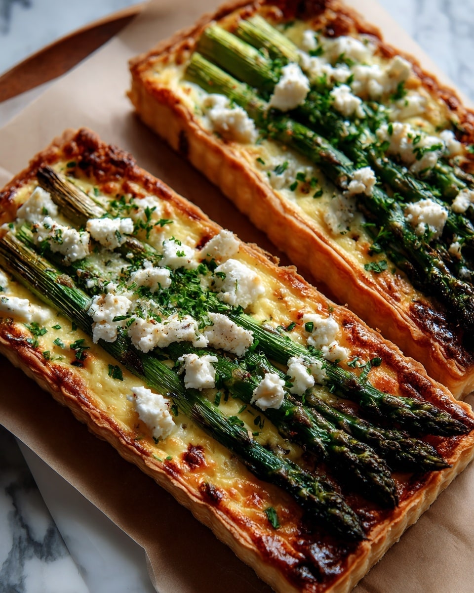 The image shows a rectangular tart with a golden, crispy crust around the edges. Inside, there is a smooth, creamy pale yellow layer of custard or cheese filling. On top of this filling, five long green roasted asparagus stalks are laid out in a row horizontally. Crumbled white cheese, likely feta, is scattered unevenly around the asparagus, and small green herb pieces are sprinkled over the whole tart. The tart rests on a piece of light brown parchment paper on a white marbled surface. Photo taken with an iphone --ar 4:5 --v 7