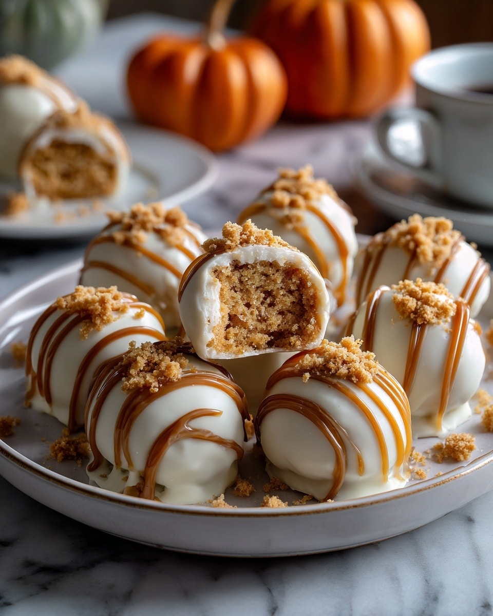 A white plate holds eleven round cake balls covered in smooth white icing, each decorated with thin caramel-colored drizzle lines running from top to bottom. On top of every cake ball are small crumbles of golden cookie or graham cracker. The cake balls have a soft inner layer of light brown crumbly cake. One cake ball is shown with a bite taken out, revealing the textured inside. The plate is set on a white marbled surface with some pumpkins and cookie crumbs blurred in the background. Photo taken with an iphone --ar 4:5 --v 7