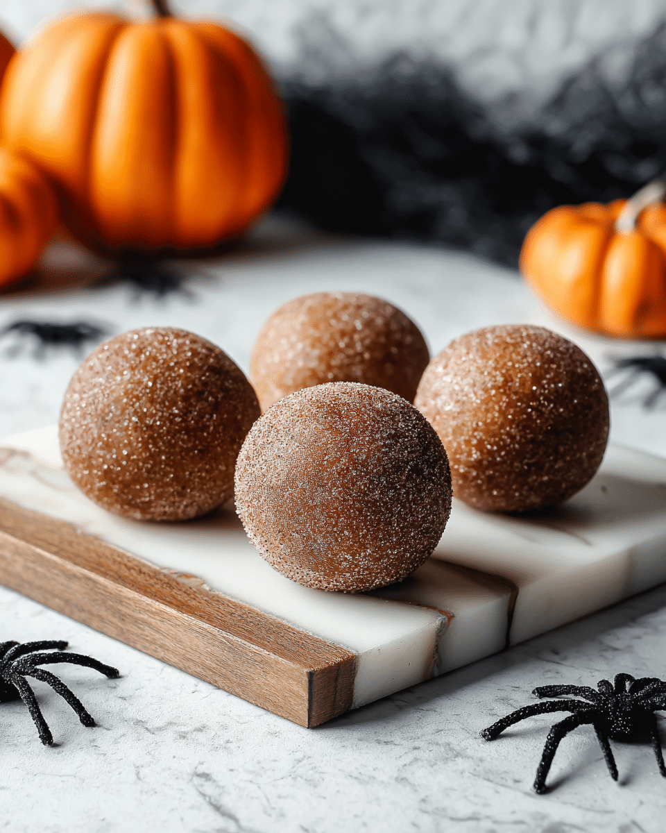 Four round brown balls covered with sugar granules and sprinkled with cinnamon powder sit on a white marble cutting board with wooden edges. The balls have a rough texture with cinnamon dust on top and scattered cinnamon powder around them on the board. Around the board, there are small black plastic spiders and orange Halloween decorations including a pumpkin and a white ball with a spooky black face. The whole scene is set on a white marble surface. photo taken with an iphone --ar 4:5 --v 7