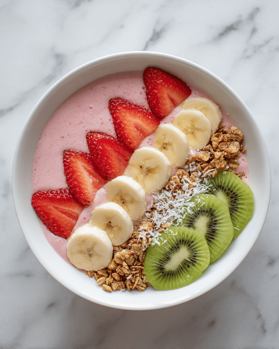 A white bowl filled with a pink smoothie base is topped with five main layers arranged side by side. On the left, bright red sliced strawberries are placed neatly with their inner white flesh visible. Next to the strawberries, there is a row of round, light yellow banana slices with a soft texture. In the center, there is a thin line of golden brown granola mixed with white shredded coconut flakes and bigger coconut pieces on top. On the right side, three green kiwi slices with their small black seeds and light center are layered closely. The bowl sits on a white marbled surface, and fresh strawberries can be seen blurred in the background. photo taken with an iphone --ar 4:5 --v 7
