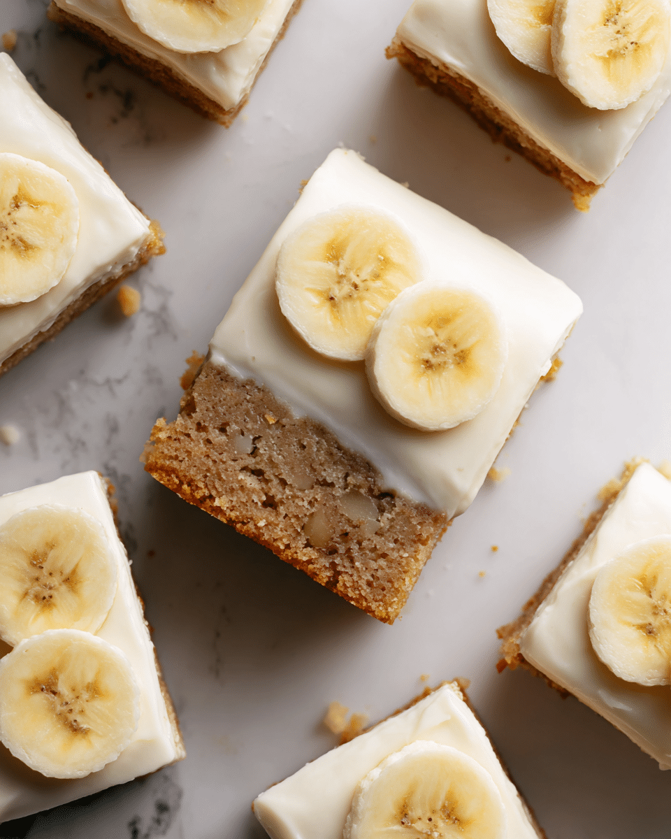 The image shows a close-up of a square slice of banana cake with two main layers. The bottom layer is a light brown, moist, and crumbly cake with small dark flecks and a rough texture. On top is a thick, smooth, creamy off-white frosting that covers the whole slice evenly. A single round, pale yellow banana slice, slightly browned in the center, sits neatly on top of the frosting near the center of the slice. The piece is placed on a white marbled surface with visible crumbs scattered around it. Other pieces of the banana cake are partially visible around the main slice. Photo taken with an iphone --ar 4:5 --v 7