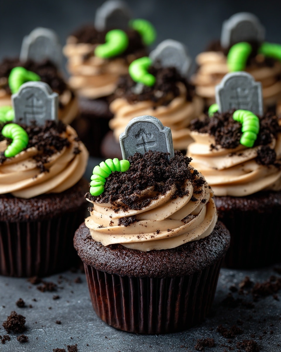 A dark chocolate cupcake with three layers: the bottom is a rich, dark brown cake, the middle is a thick swirl of light brown chocolate frosting, and the top is covered with crushed chocolate cookie crumbs that look like soil. Two bright green gummy worms are partially sunk into the cookie crumb layer, one on the left and one on the right, with a small tombstone-shaped cookie stuck vertically in the middle. Multiple cupcakes are arranged in the background on a dark surface, all with the same decoration. photo taken with an iphone --ar 4:5 --v 7