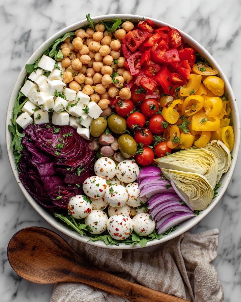 A white bowl filled with a colorful salad on a white marbled surface, layered with different ingredients arranged in sections. Starting from the top, there are small cubes of light yellow cheese, bright red roasted peppers, and light brown chickpeas next to them. On the right side, there are halved red and orange cherry tomatoes mixed with small white mozzarella balls sprinkled with herbs. Green olives and leafy arugula are scattered around the bowl, while purple onion slices and pale yellow marinated artichokes sit on the left side. The salad is resting next to a wooden spoon, and the background has a white marbled texture. photo taken with an iphone --ar 4:5 --v 7
