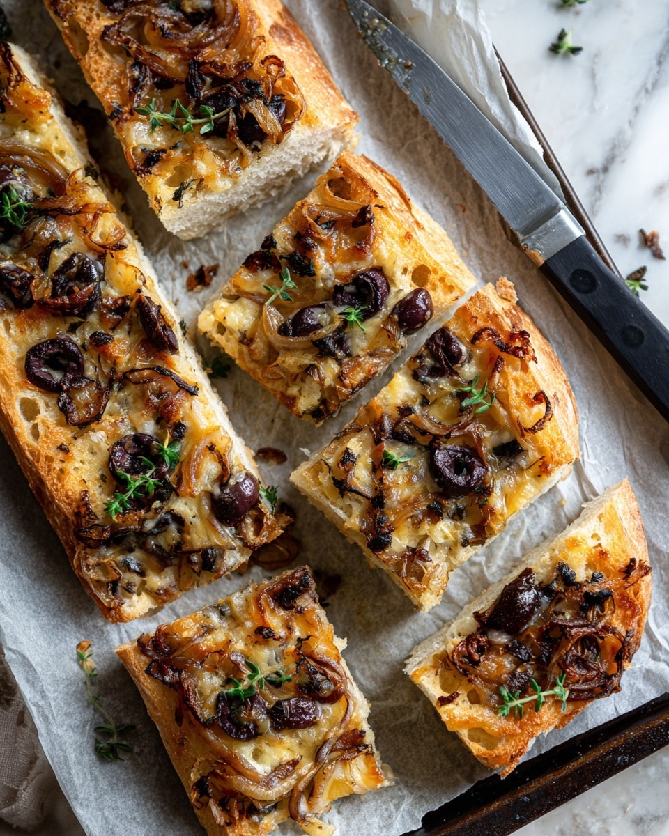 The image shows a dark roasting tray lined with white baking paper sitting on a white marbled surface. On the paper are five pieces of toasted baguette slices, each topped with a thick layer of golden-brown caramelized onion spread that has a slightly crispy texture. Scattered among the onion layer are dark purple Kalamata olives, adding contrast in color and texture. Small green herb sprigs, likely thyme, are sprinkled on top and around the toasts. A kitchen knife with a black handle and metallic blade rests on the paper beside the toasts. The overall look is rustic and appetizing with warm earthy tones. Photo taken with an iphone --ar 4:5 --v 7