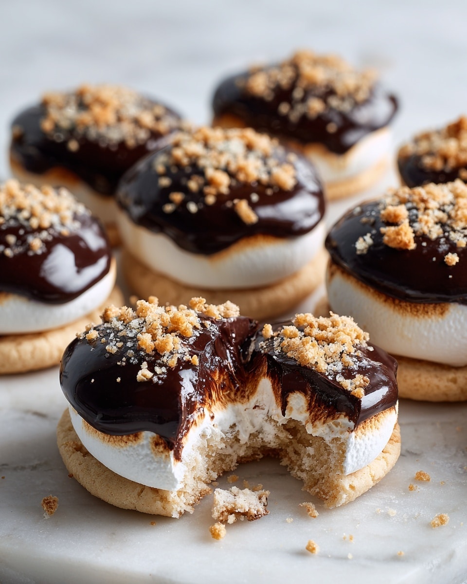 The image shows several round cookies arranged on a white marbled surface. Each cookie has three visible layers: a light golden-brown cookie base at the bottom, a white fluffy layer of marshmallow in the middle, and a glossy dark chocolate layer on top with small cookie crumbs scattered over the chocolate. One cookie in the center has a bite taken out showing the three layers clearly. The cookies are closely packed with some slight spacing between them. The lighting highlights the shiny texture of the chocolate and the softness of the marshmallow layer. Photo taken with an iphone --ar 4:5 --v 7