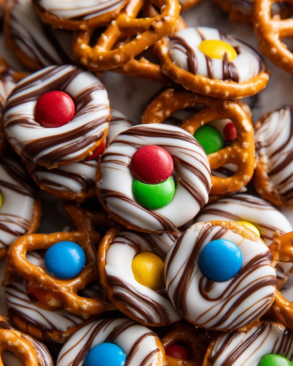 The image shows a pile of small round salty brown pretzels topped with a white and milk chocolate kiss candy with curved milk chocolate stripes on it, then a single round colorful candy sits in the center of each chocolate. Each treat has three layers: the crunchy brown pretzel base, a smooth, slightly glossy white chocolate layer with milk chocolate stripes on top of the pretzel, and a shiny candy piece in bright green, red, yellow, blue, or orange that adds a pop of color. Some loose candies lie scattered on the white marbled surface around the treats. photo taken with an iphone --ar 4:5 --v 7