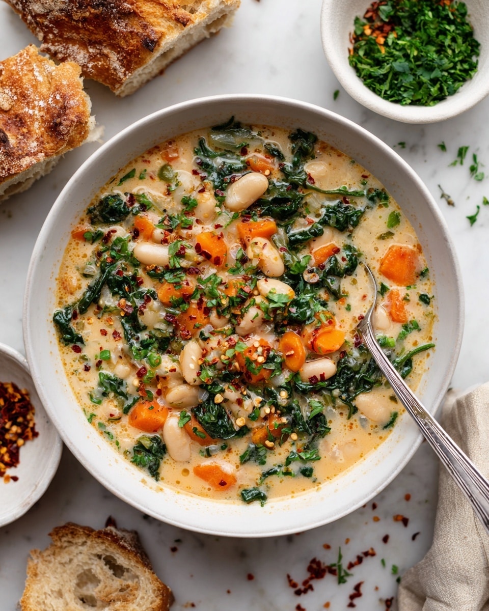 A white bowl filled with thick soup made of white beans, orange carrot slices, and green leafy vegetables mixed in a creamy beige broth, topped with chopped green herbs and red pepper flakes. A silver spoon is in the bowl, leaning against the side. To the left, there are two pieces of crusty brown bread on a white marbled surface, scattered with small bits of green herbs. At the top right, two small white bowls hold chopped green herbs and red pepper flakes. A light beige cloth napkin is visible on the right side. photo taken with an iphone --ar 4:5 --v 7