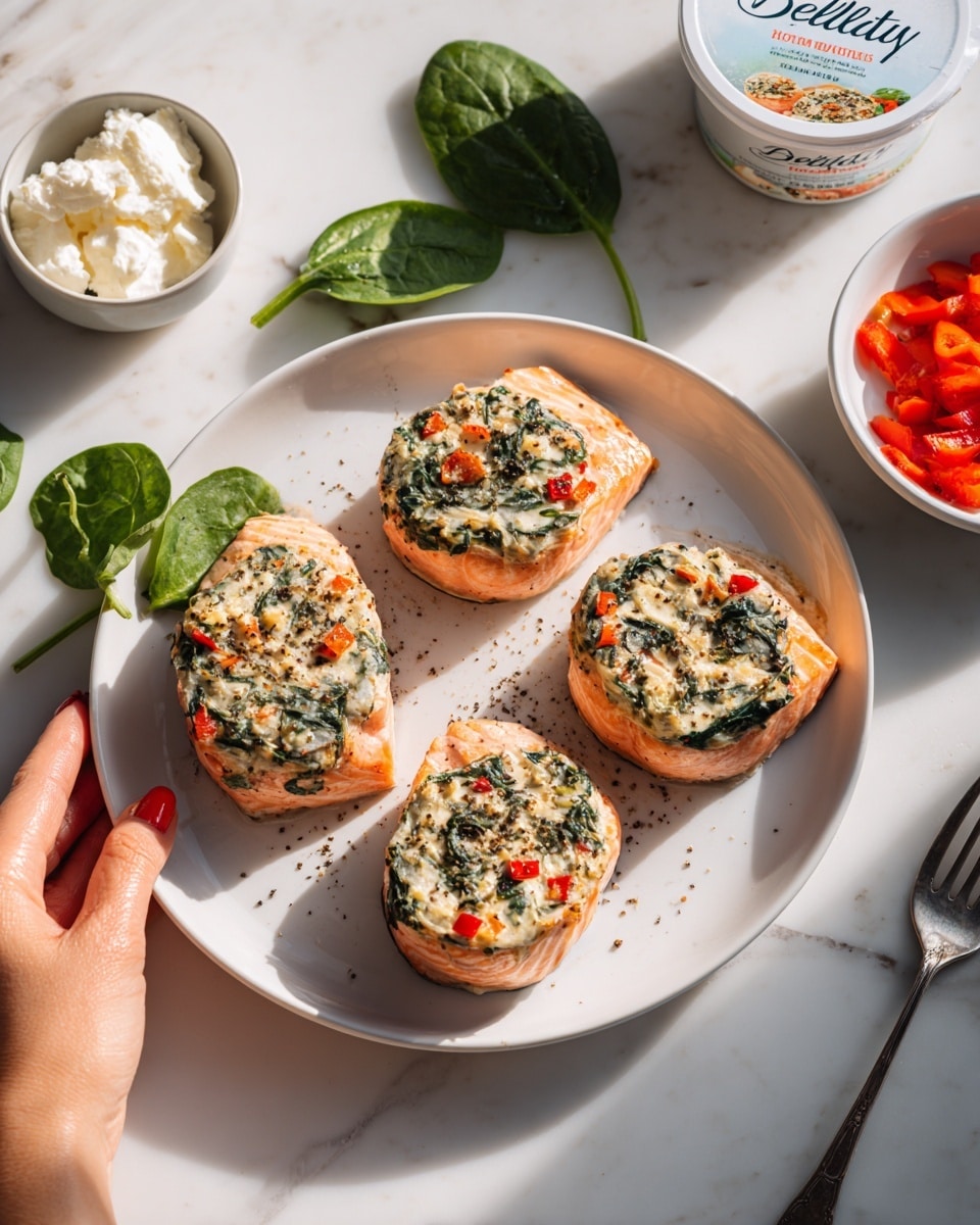 Four cooked salmon fillets are placed on a large white round plate with a white marbled background. Each fillet has one layer of orange-pink fish with a slightly crispy edge, topped with a creamy mixture layer that includes dark green spinach and bright red diced bell peppers scattered evenly. The salmon surfaces show small black pepper specks. Around the plate, there are fresh green spinach leaves, a small bowl with white soft cheese, and another small bowl with red bell pepper pieces. A silver serving spoon is to the right side of the plate. Photo taken with an iphone --ar 4:5 --v 7