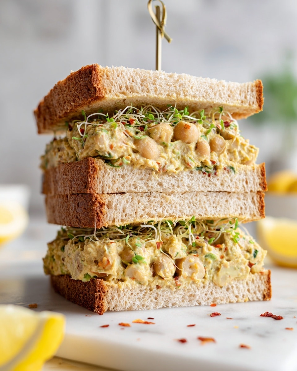The image shows a tall sandwich made of three slices of toasted brown bread stacked with two thick layers of chunky greenish filling, which looks creamy and textured with small chickpeas and fresh green sprouts mixed inside. The sandwich is on a white marbled surface, with a toothpick holding it together from the top. In the foreground, there is a blurred wedge of lemon on the right with some scattered red flakes nearby. The background is a clean white tiled wall. photo taken with an iphone --ar 4:5 --v 7