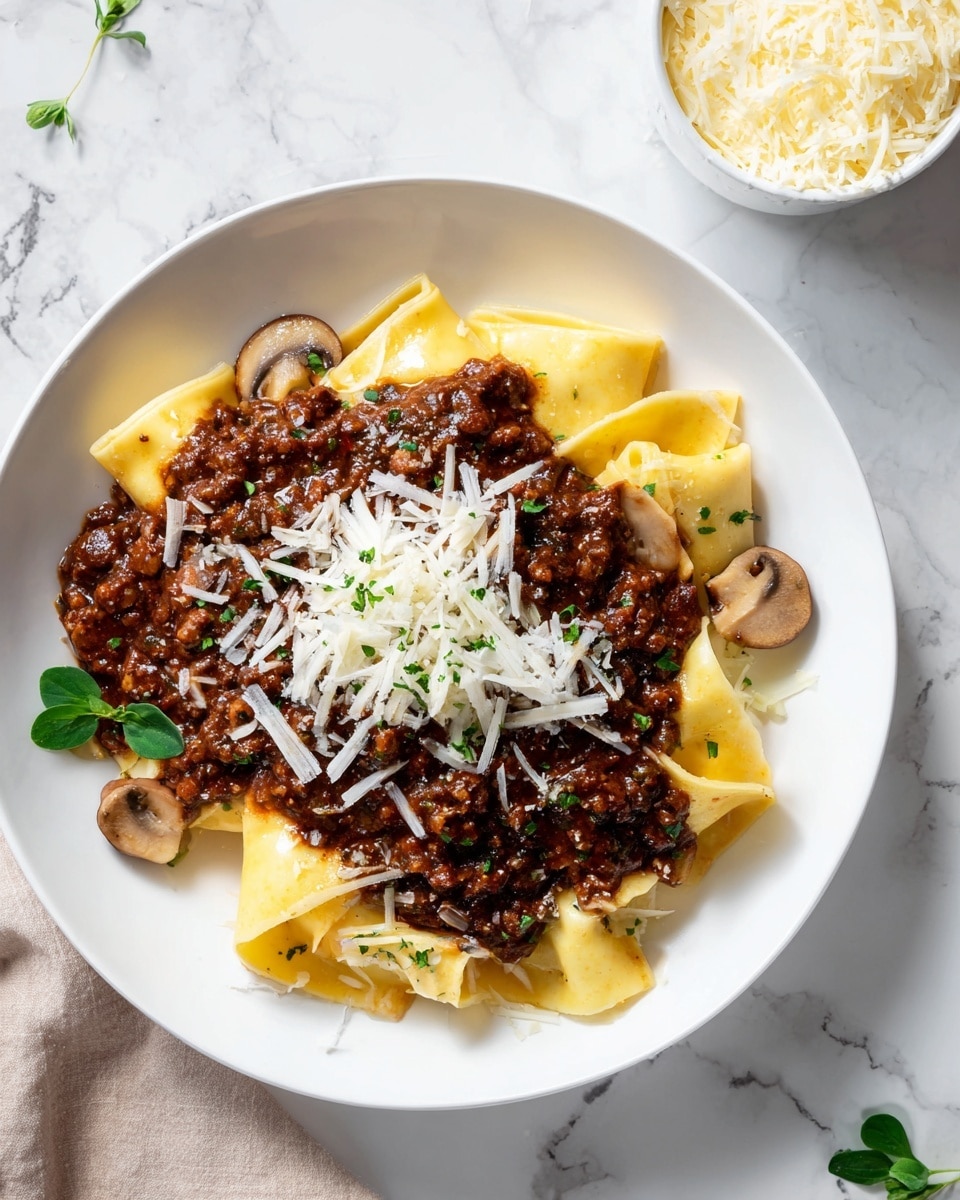 The dish shows wide, flat yellow pasta layers folded and stacked in a white bowl, covered with a thick, dark brown ragout sauce mixed with small pieces of shredded meat and sliced mushrooms. The top of the dish is sprinkled with fine shreds of white cheese and small green herb leaves scattered for garnish. The bowl is set on a white marbled surface with part of a white bowl filled with shredded cheese visible in the background. photo taken with an iphone --ar 4:5 --v 7