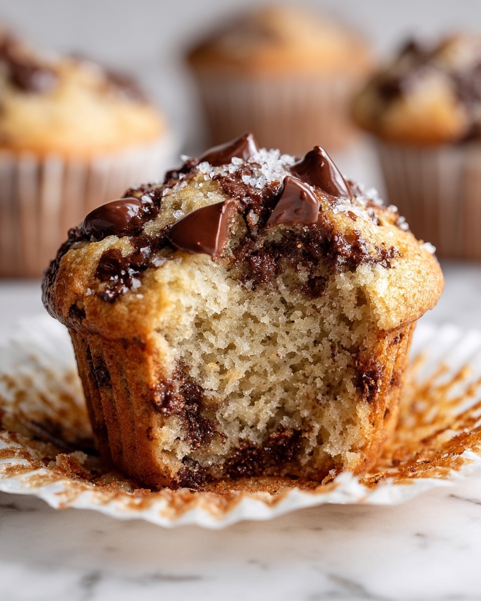 The image shows a close-up of a single muffin with a bite taken out, revealing a soft, moist inside filled with melted dark chocolate chips. The top layer is golden brown with a slightly crumbly texture and is topped with more dark chocolate chips and a light sprinkling of flaky sea salt. The muffin sits in a white paper liner, and the background features a white marbled surface with blurry muffins in the distance. Photo taken with an iphone --ar 4:5 --v 7