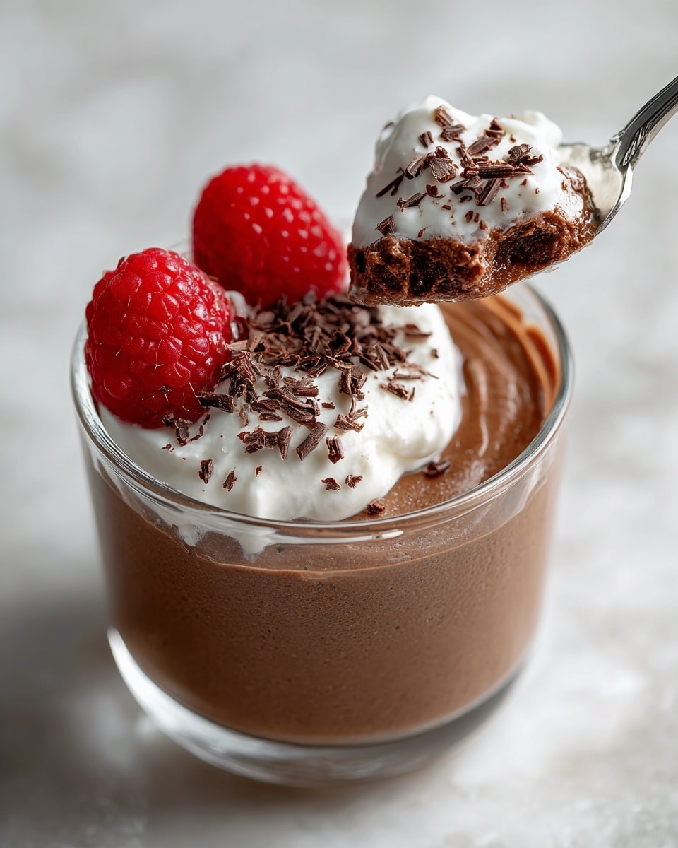 A glass cup holds three main layers: the bottom and largest layer is smooth, thick chocolate mousse with a rich brown color, topped with a small dollop of white whipped cream sitting slightly off-center. On one side of the whipped cream, there are two bright red raspberries with a bumpy texture, and next to them, finely shaved dark chocolate sprinkles are scattered lightly over the cream and mousse. A silver spoon, held by a woman's hand, scoops up a spoonful of the chocolate mousse mixed with whipped cream and chocolate shavings. The scene is set on a white marbled surface. photo taken with an iphone --ar 4:5 --v 7