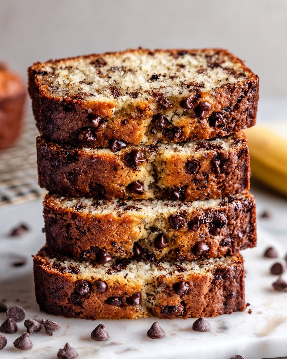 Three thick slices of moist banana bread with dark chocolate chips are stacked on a white marbled surface. The bread has a light brown color with visible darker swirls and small air holes inside. The top layer is covered with many shiny, melted dark chocolate chips scattered unevenly. Some loose chocolate chips are also scattered around the bread on the white marbled background. The overall texture of the bread looks soft and slightly crumbly, with a golden-brown crust on the top edges. Photo taken with an iphone --ar 4:5 --v 7
