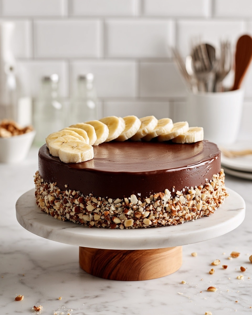 A two-layer chocolate cake covered in smooth, dark chocolate frosting sits on a white marble cake stand with a wooden base. The top of the cake is decorated with a ring of chopped nuts around the edges and a row of banana slices arranged in a curved line on one side. The background features a white marbled surface and subway tile wall, with glass bottles of milk and a container holding forks slightly blurred in the background. A striped cloth is partly visible in the lower left corner. photo taken with an iphone --ar 4:5 --v 7