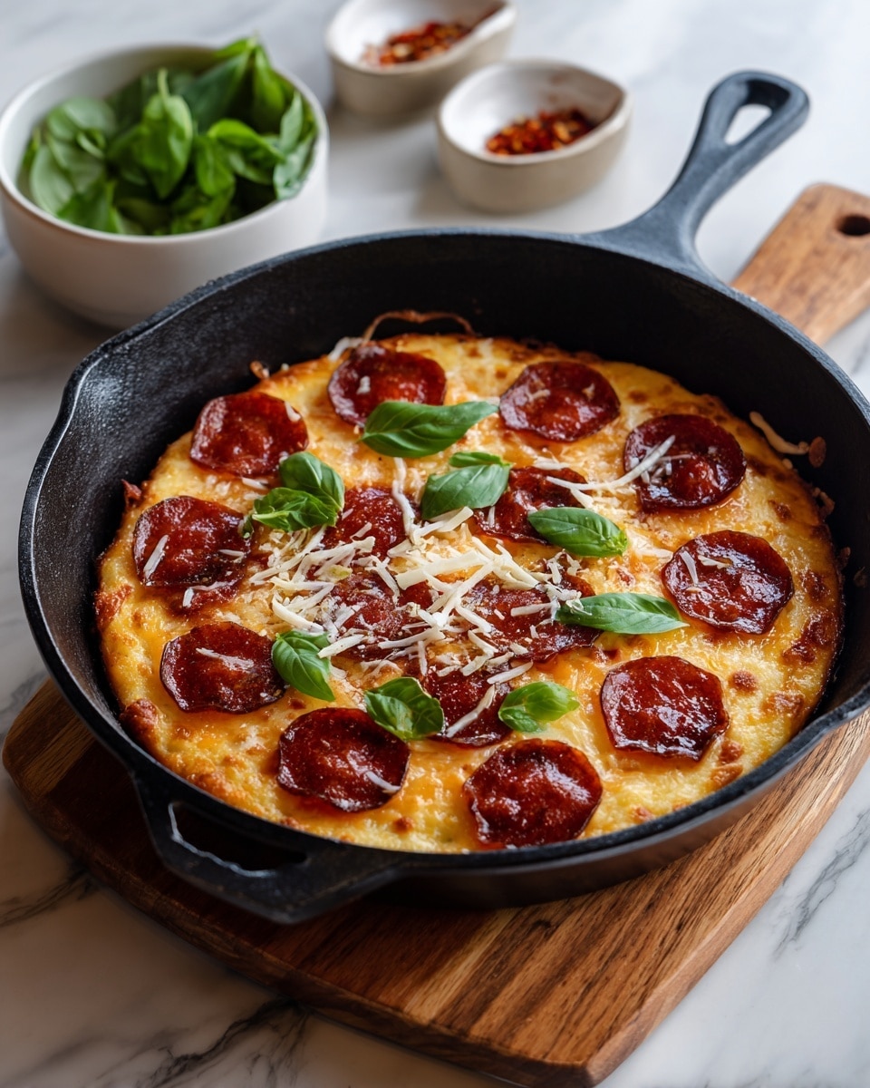 A small pizza sits in a black skillet on a wooden board over a white marbled surface. The pizza has a golden-brown crust topped with melted, bubbly cheese that is slightly toasted. On top, there are several round slices of reddish pepperoni evenly spread out. Fresh green basil leaves, cut into strips, are scattered over the pizza along with a light dusting of grated cheese and a few red chili flakes. Nearby, there are small white bowls filled with red chili flakes and more basil leaves. Photo taken with an iphone --ar 4:5 --v 7