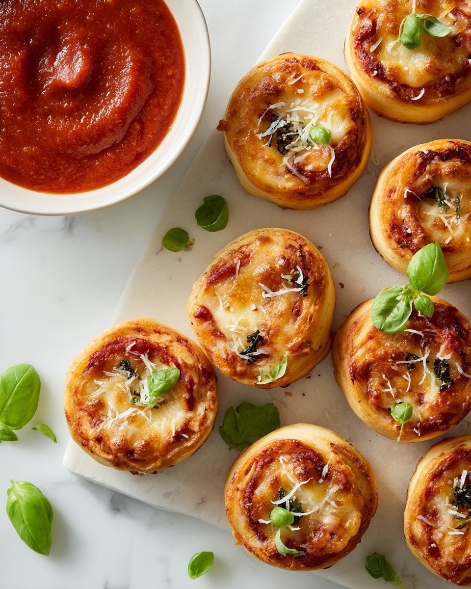 The image shows around 15 small round pizza rolls placed close together on a flat white marbled surface. Each roll has three visible layers: a thick, golden-baked dough base, a bright red tomato sauce spread in a spiral pattern on the dough, and a topping of melted light orange cheese mixed with small bits of green basil leaves and some finely grated white cheese sprinkled on top. A few fresh whole green basil leaves are scattered around the rolls. At the top left, part of a round white bowl filled with smooth red tomato sauce is visible. Photo taken with an iphone --ar 4:5 --v 7