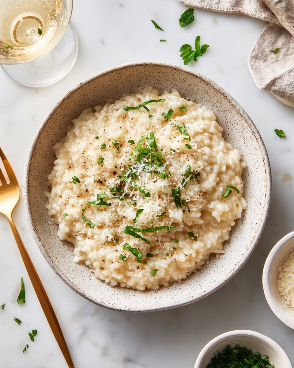 A bowl of creamy risotto is shown with a soft, thick texture made of small, light beige rice grains. The risotto is topped with a sprinkle of finely grated cheese and small pieces of green parsley scattered evenly on top. The bowl is white with a speckled pattern, sitting on a white marbled surface. There are some additional chopped parsley leaves scattered around the bowl. A gold-colored fork and a glass of light-colored drink are placed near the bowl, slightly out of focus in the background. photo taken with an iphone --ar 4:5 --v 7