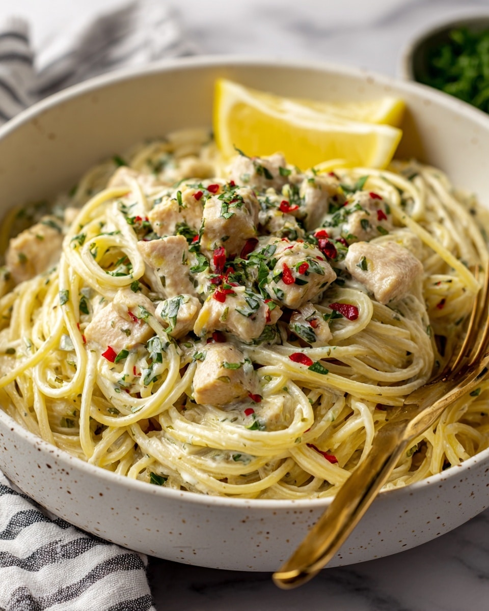 A deep white bowl filled with creamy spaghetti pasta layered with thick white sauce and light beige pieces of chicken throughout. The pasta strands are mixed and twisted together with chopped green herbs sprinkled on top. A wedge of lemon with bright yellow and white rind rests on the side of the bowl, while a metallic gold fork is placed inside the bowl on the right. The bowl sits on a soft white marbled surface with a white and black striped cloth nearby. The overall colors are light and creamy with hints of green and red pepper flakes scattered on top, photo taken with an iphone --ar 4:5 --v 7