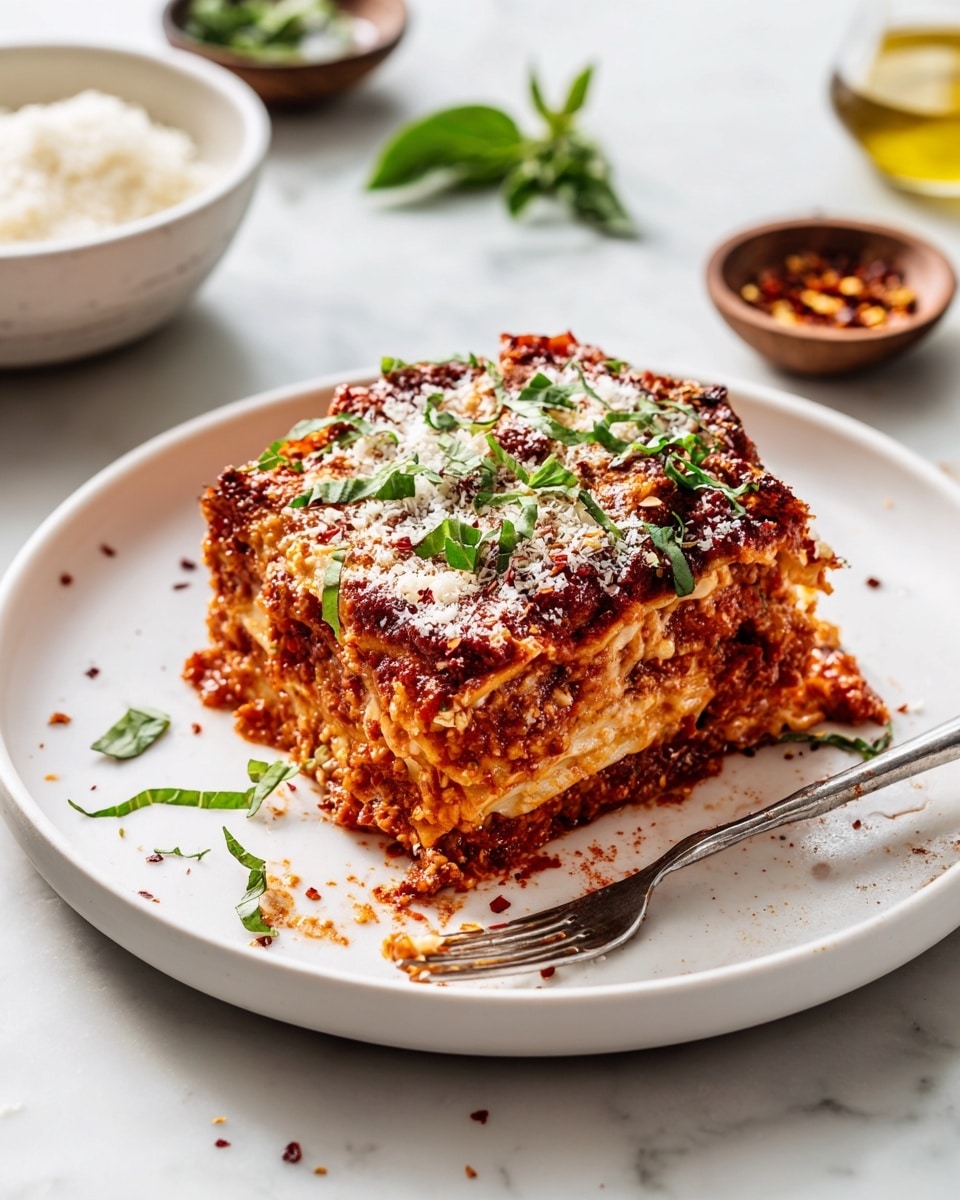 On a white speckled plate sits a three-layered dish: the bottom layer is a vibrant red sauce spread in a small round pool, the middle layer is a browned, crispy-edged cheesy piece with a light golden color and some melted cheese texture, topped with green basil leaves scattered across, and sprinkled evenly with white grated cheese and red chili flakes; a silver fork lies on the right side of the plate. The plate rests on a white marbled surface with scattered red chili flakes and small pieces of green herbs around, and a striped cloth in gray-and-white tones is partially visible at the bottom left corner. Photo taken with an iphone --ar 4:5 --v 7