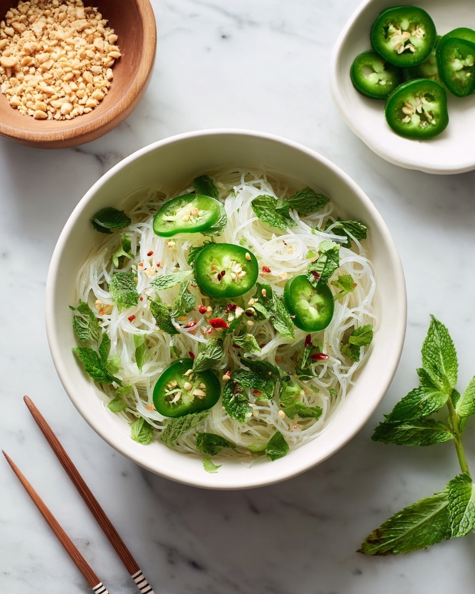 A white bowl filled with thin, white kohlrabi noodles mixed with bright green sliced jalapeños, chopped green herbs, and small red chili slices, creating a fresh and colorful contrast. The noodles have a slightly crunchy texture, layered loosely in the bowl. Beside the bowl is a small white scalloped dish holding more fresh green jalapeño slices. To the top left of the bowl, a small wooden bowl contains crushed peanuts. Light wooden chopsticks rest on the white marbled surface next to the bowl. A sprig of fresh green mint leaves adds a touch of natural color near the top edge of the image. The background is a clean white marble texture with soft, natural lighting. Photo taken with an iphone --ar 4:5 --v 7