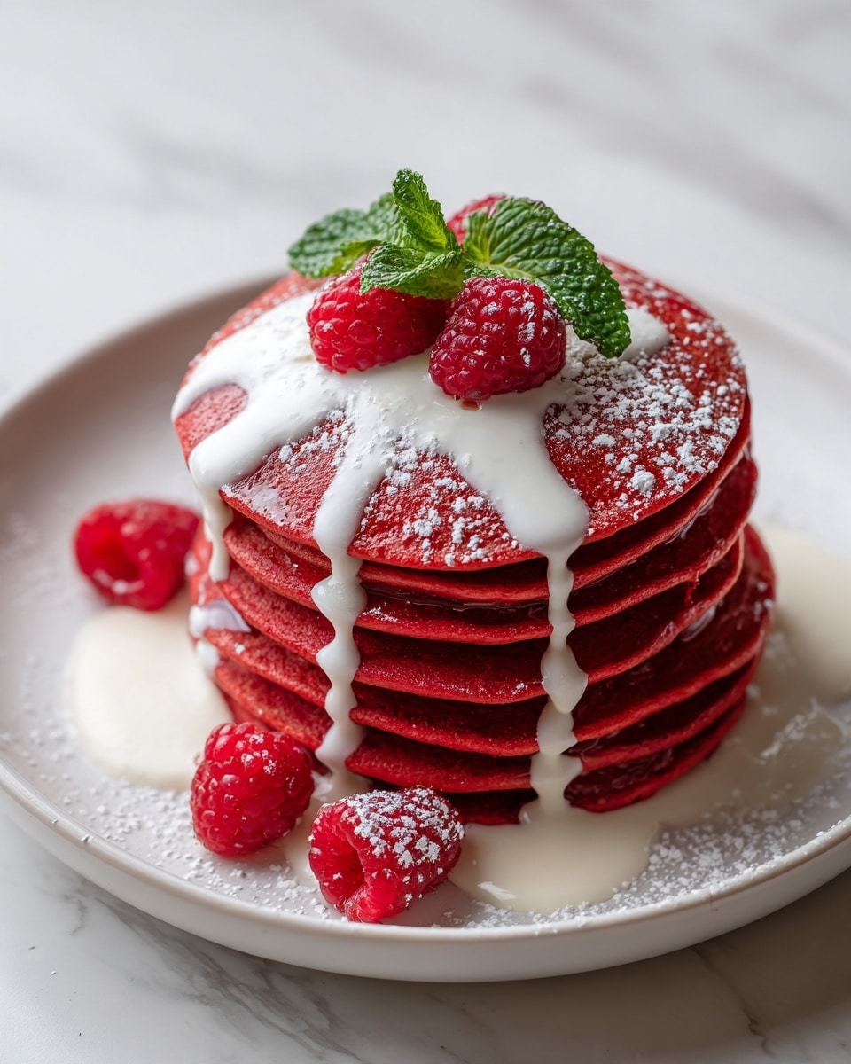 A stack of six red pancakes sits in the center of a white plate on a white marbled surface. The pancakes are thick and soft with a deep red color. White cream sauce is drizzled over the top pancake, flowing down the sides in four even streams. Powdered sugar is dusted lightly over the pancakes. On top, there are three bright red raspberries arranged closely with fresh green mint leaves. One raspberry and another mint sprig are placed on the plate near the stack. The light is soft, coming from the left side near a window. photo taken with an iphone --ar 4:5 --v 7