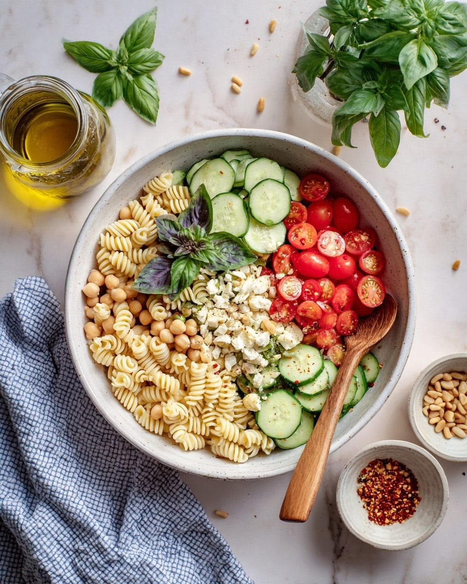 A white bowl filled with a colorful pasta salad sits on a white marbled surface. The salad has three main layers: light yellow spiral pasta at the bottom, topped with chopped cherry tomatoes that are bright red and halved, along with sliced green cucumbers, white chickpeas, and small bits of white cheese scattered throughout. Fresh green and purple basil leaves are placed on top of the salad. A wooden spoon rests inside the bowl on the right side. Around the bowl, there is a small white plate with chopped herbs and pine nuts, a small glass jar with yellow oil, and a wooden bowl with red pepper flakes. A blue and white checkered cloth is partly visible on the left side. photo taken with an iphone --ar 4:5 --v 7