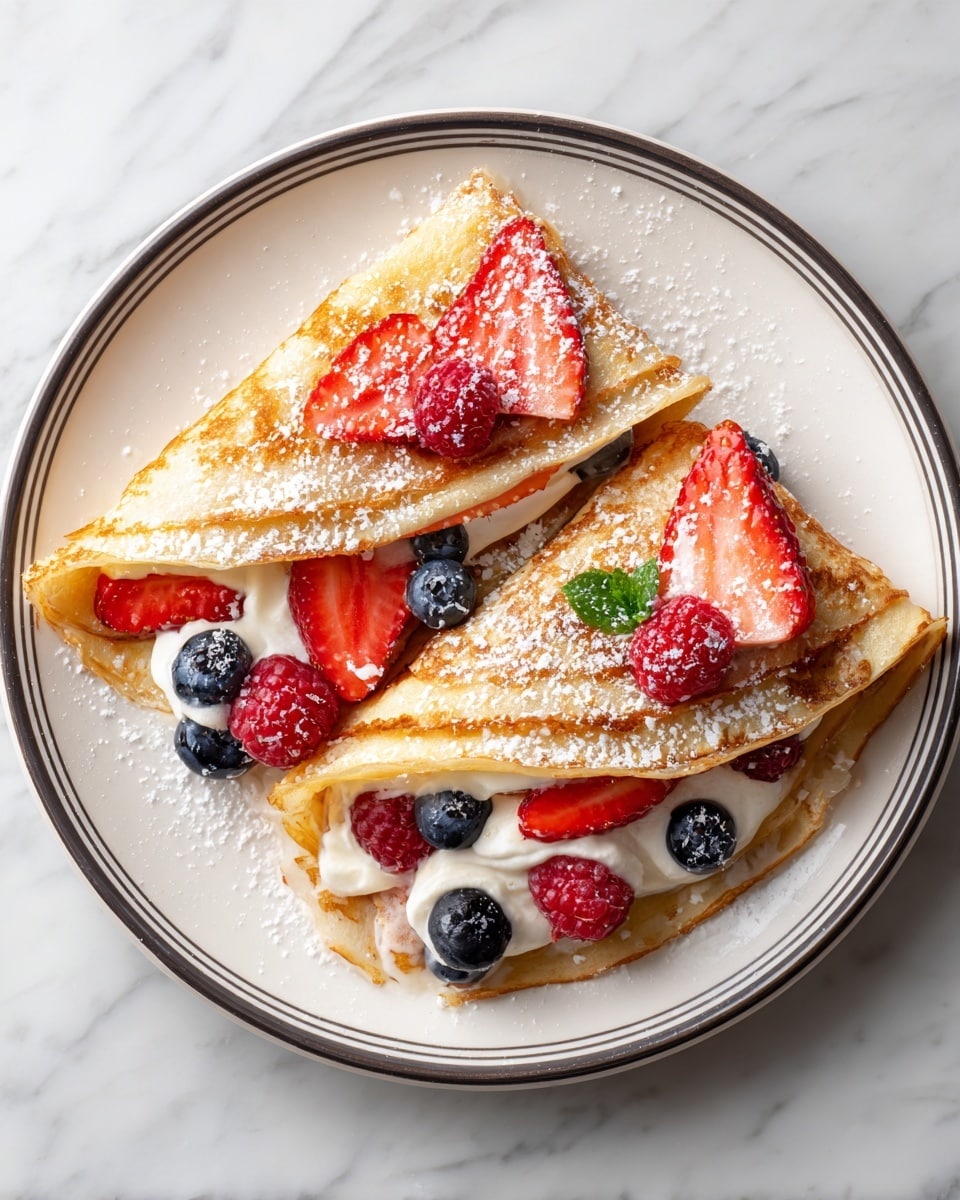 Two folded light golden brown crepes are placed side by side on a white plate with a dark rim. Each crepe is filled with a layer of white creamy filling topped with sliced red strawberries, whole blueberries, and whole red raspberries. Additional berries and a fine sprinkle of white grated topping are scattered over the crepes and plate. The plate sits on a white marbled surface. Photo taken with an iphone --ar 4:5 --v 7