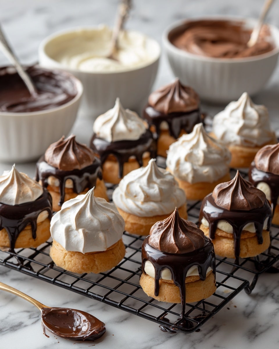 A black wire cooling rack holds four rows of round cookies topped with thick dollops of three kinds of smooth frosting: the front two rows have shiny dark chocolate, the third row light brown milk chocolate, and the last row white frosting, all piled high creating soft peaks. The rack rests on white parchment paper, on a white marbled surface. In the blurred background, two white bowls hold more chocolate and cookies scattered casually nearby. Photo taken with an iphone --ar 4:5 --v 7