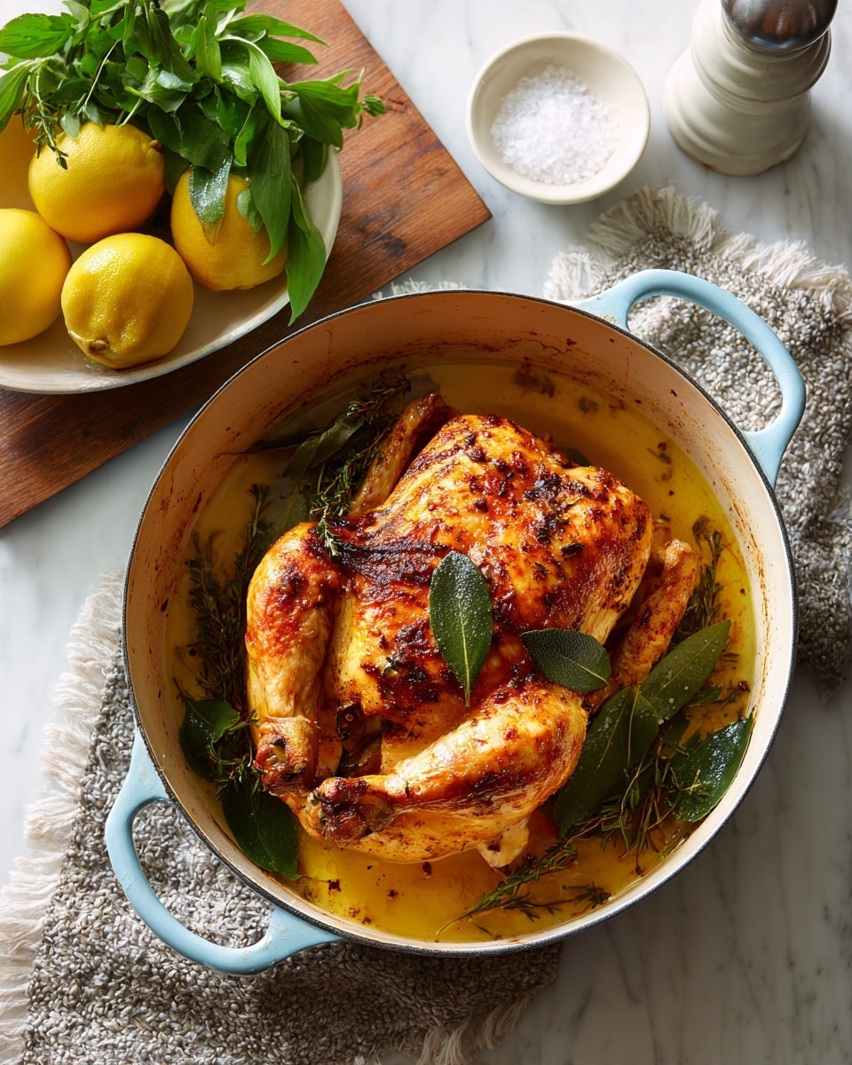 A whole roasted chicken placed inside a light blue pot with two handles, showing crispy golden brown skin with dark herb specks and cooked in a layer of golden oil and spices. The pot's inner surface is white, stained slightly with browned residue from cooking. On the side, there are a few fresh green bay leaves at the bottom left of the chicken. The pot sits on a white marbled surface next to a green woven cloth on the lower right side. In the background, there is a round wooden board with fresh green herbs on the upper left, a small white bowl of yellow lemons and green leaves on the upper right, a small bowl with coarse salt, and a tall grey pepper grinder. Photo taken with an iphone --ar 4:5 --v 7