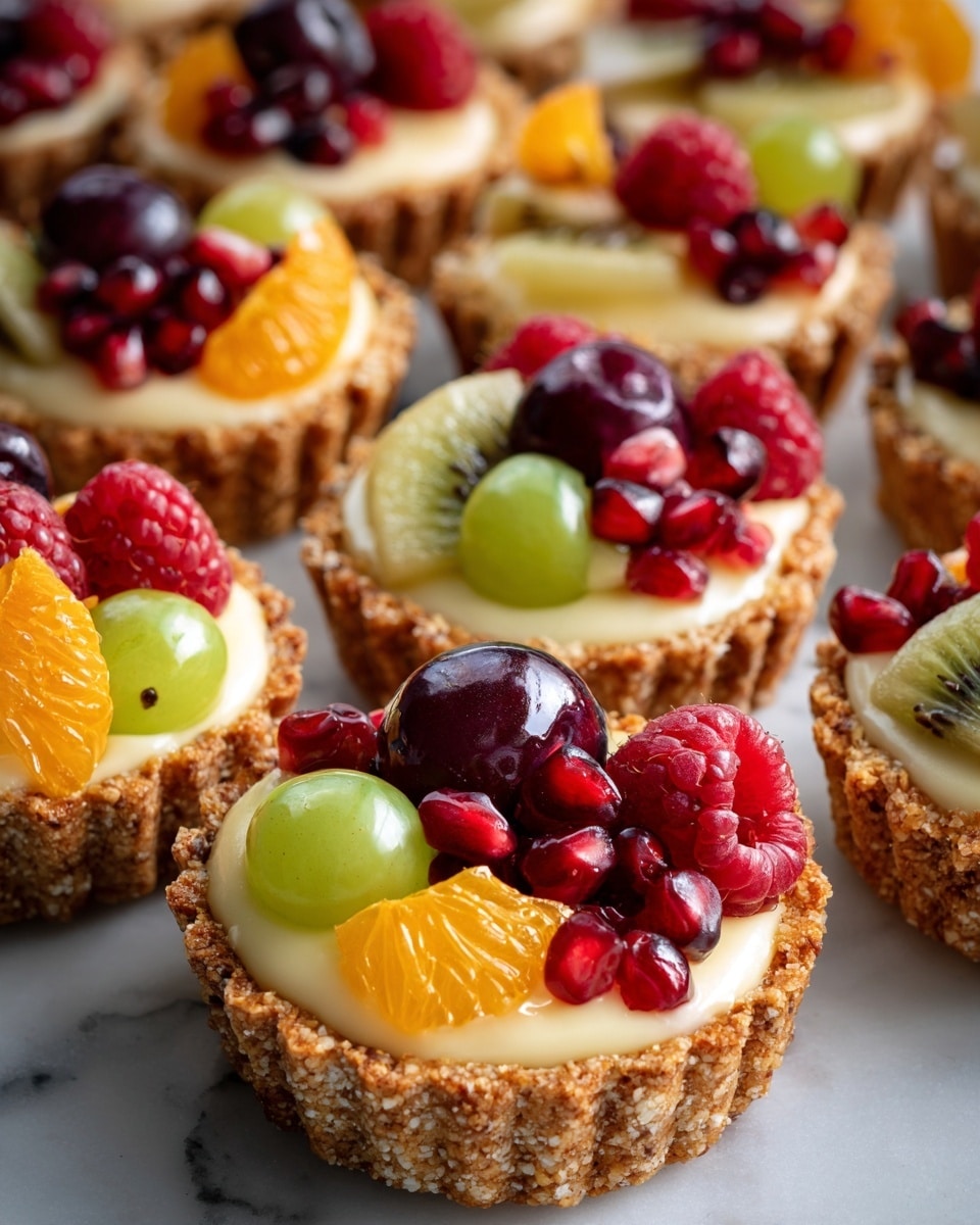 Small tartlets are arranged closely on a white marbled surface, each with a crumbly golden crust as the bottom layer. Inside each tartlet is a smooth, pale yellow cream filling. On top, different fruits add color and texture: some have dark red grapes in small bunches, others hold bright red raspberries, some have vibrant green kiwi slices, a few show bright orange mandarin segments, and a few are decorated with shiny red pomegranate seeds. The tartlets are uniform in size and placed in rows, showing a mix of fruit toppings in a neat pattern. photo taken with an iphone --ar 4:5 --v 7