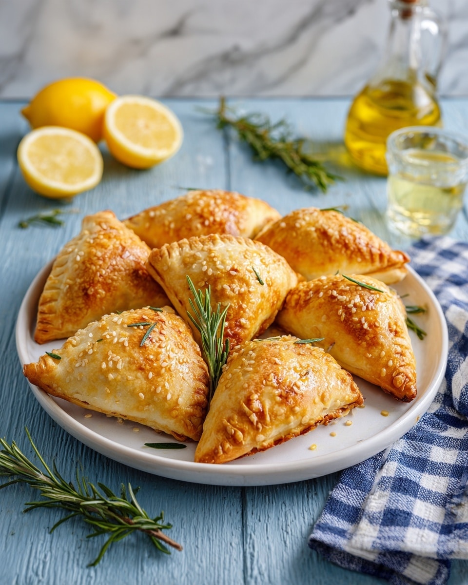 A white round plate holds seven triangular pastries with crispy, light golden-brown layers, some topped with small sesame seeds. The pastries have a flaky texture with thin layered dough visible. Two small rosemary sprigs are placed on the plate for decoration. Around the plate, there are lemon wedges, a glass bottle with yellow liquid, and a blue and white checkered cloth placed on a white marbled surface. photo taken with an iphone --ar 4:5 --v 7