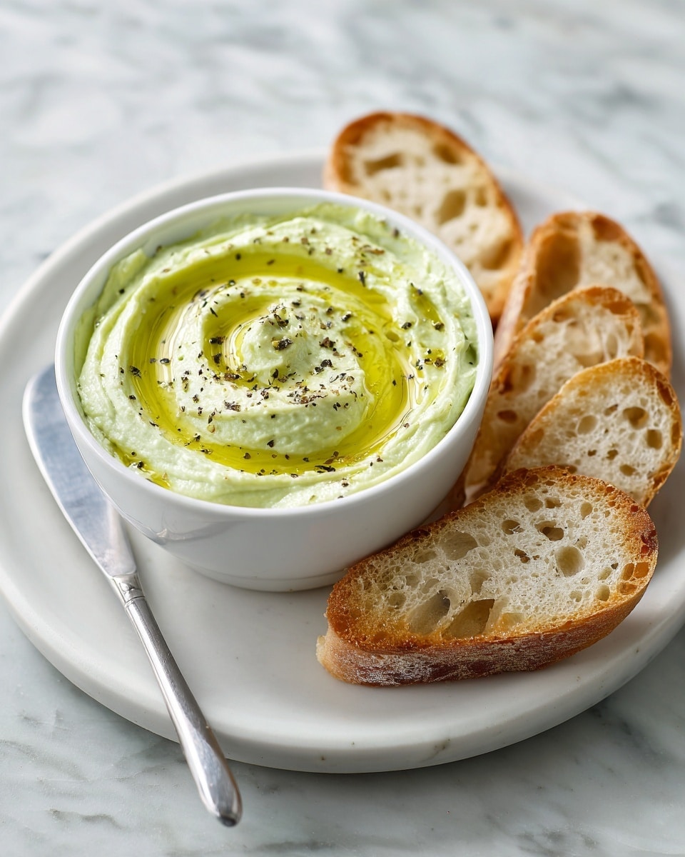 A small white bowl filled with creamy light green dip that has a smooth, swirled texture, drizzled with a thin layer of olive oil and sprinkled with black pepper on top, placed on a larger white plate accompanied by four slices of light brown bread with rough, uneven edges. A silver knife lies next to the bowl on the plate. Everything rests on a white marbled surface. Photo taken with an iphone --ar 4:5 --v 7