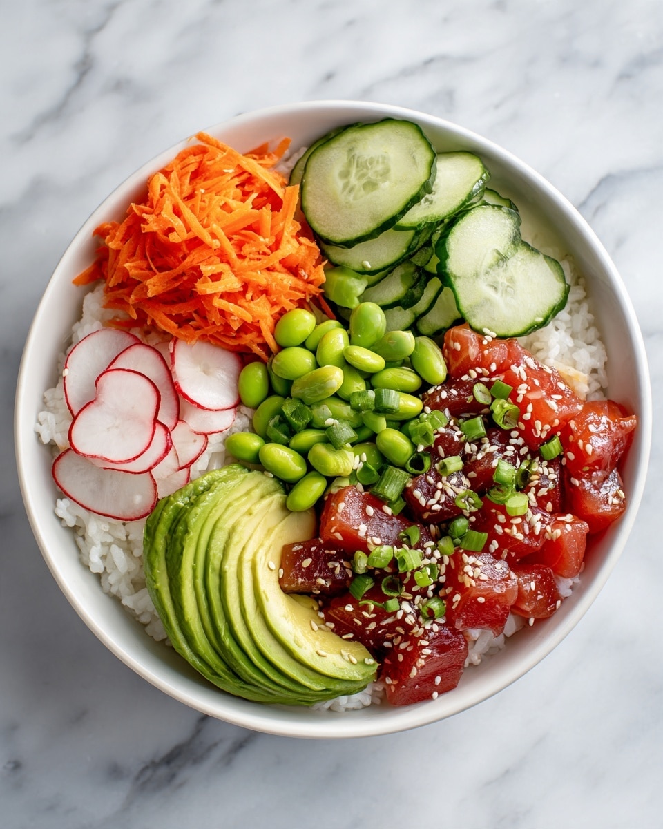 A white bowl sits on a white marbled surface filled with a colorful poke bowl arranged in sections. The top left has thin, green cucumber slices with light seeds, next to bright red and white round radish slices with some light green spring onion rings on top. Beside that is a small pile of shiny green edamame beans. The center right features dark red, glossy marinated tuna cubes sprinkled with white sesame seeds and thin slices of spring onion. The bottom right shows several pale green avocado slices in a neat row. Below the cucumber and avocado is a small pile of shredded orange carrots and a section of white rice grains. The ingredients are bright and fresh, creating a clean, vibrant look. photo taken with an iphone --ar 4:5 --v 7