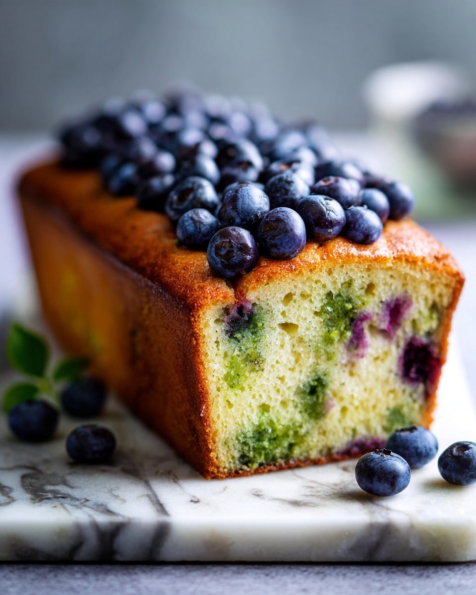 A loaf-shaped cake with a golden brown crust sits on a white marbled surface. The cake has one visible sliced side showing a soft inside filled with green specks and dark purple berries. The top layer is decorated with a pile of fresh, round blueberries with a shiny texture. A few loose blueberries lie scattered in front of the cake on the surface. In the background, a blurred small beige container with more blueberries is visible. The setting is bright with soft natural light, emphasizing the cake's moist texture and fresh fruit on top. Photo taken with an iphone --ar 4:5 --v 7