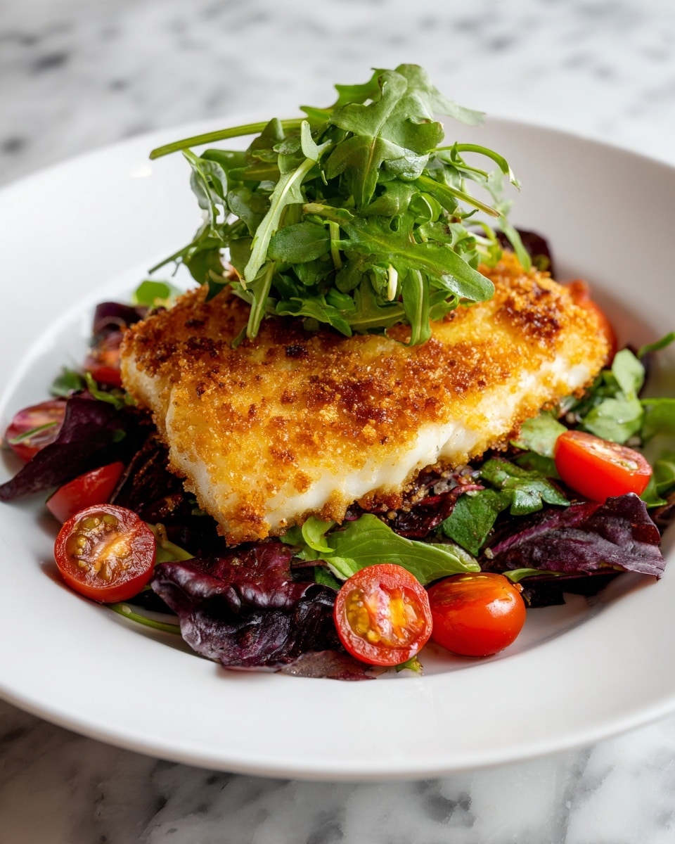 A thick piece of fish with a crispy golden brown crust sits on a bed of mixed greens, including dark purple leaves and bright green arugula. Scattered around the fish are halved cherry tomatoes in shades of red and orange. On top of the fish, a small bunch of fresh green arugula adds height and a fresh look. All is served on a white plate placed on a white marbled surface. photo taken with an iphone --ar 4:5 --v 7