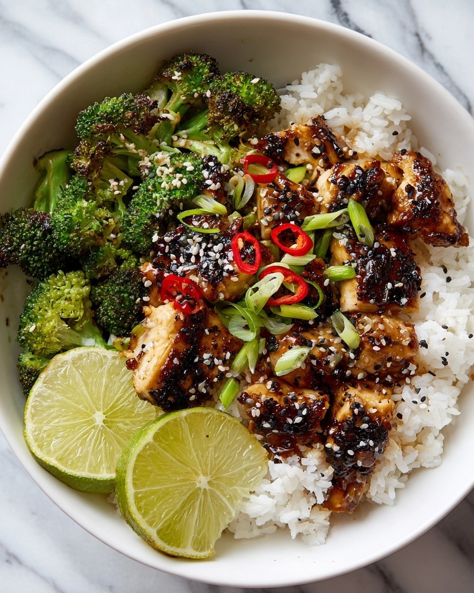 A bowl with three main layers: the bottom layer is white rice with soft, fluffy grains spread evenly; the middle layer has grilled, golden brown chicken pieces with a glossy brown sauce drizzled on top, sprinkled with black and white sesame seeds and chopped green onions; the top layer includes bright green broccoli florets and thin slices of red chili scattered over the chicken and broccoli, with two fresh lime slices placed on the side of the bowl. The bowl is white and sits on a white marbled surface. Photo taken with an iphone --ar 4:5 --v 7