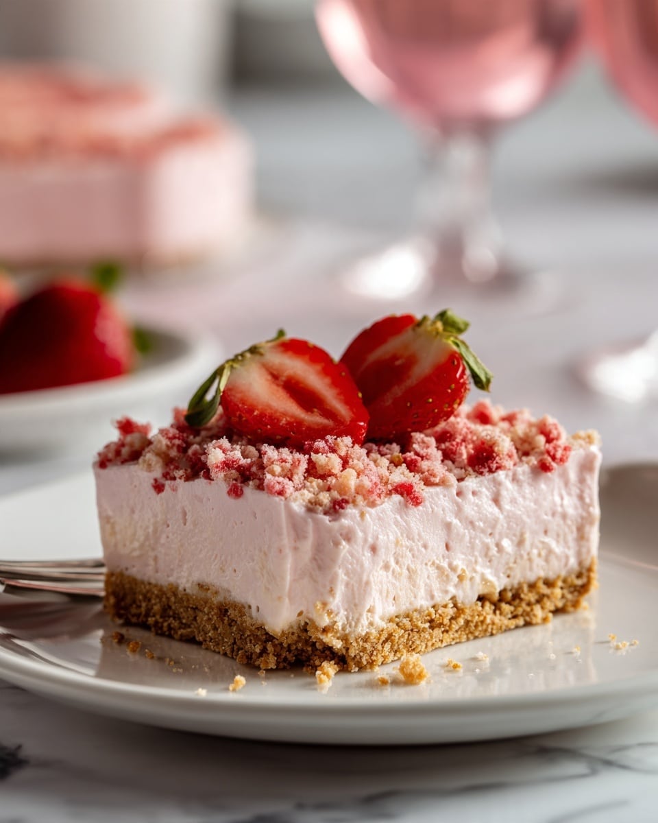 A slice of light pink cheesecake with three visible layers sits on a white plate. The bottom layer is crumbly and golden brown, the middle layer is a thick, smooth, pale pink cream, and the top layer is sprinkled with crushed crumbs and small bits of red powder. Three fresh red strawberry halves with green tops are placed on top of the crumbs, giving a fresh look. In the background, a whole cheesecake with the same layers and strawberries is slightly out of focus, along with two pink glasses. The surface beneath is a white marbled texture. photo taken with an iphone --ar 4:5 --v 7