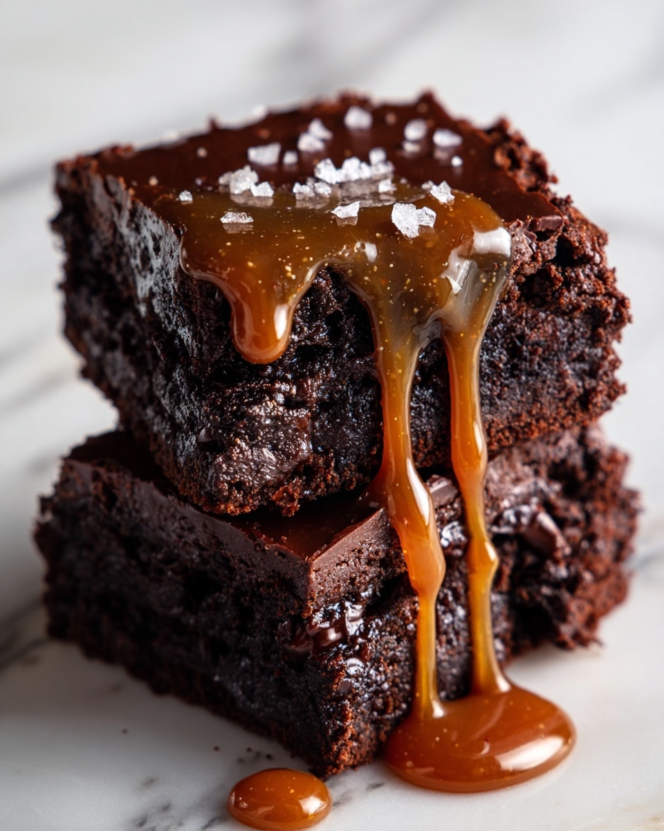 Two rich-looking chocolate brownies are stacked on top of each other on a white marbled surface. The bottom brownie has a shiny, smooth dark chocolate layer on top, while the top brownie shows a thick and moist texture with a bite taken out. A thick, shiny caramel sauce pours down both brownies, dripping off the edges and pooling slightly below. Small flakes of sea salt are sprinkled on the top caramel layer. The image is close up, showing the details and textures clearly. Photo taken with an iphone --ar 4:5 --v 7