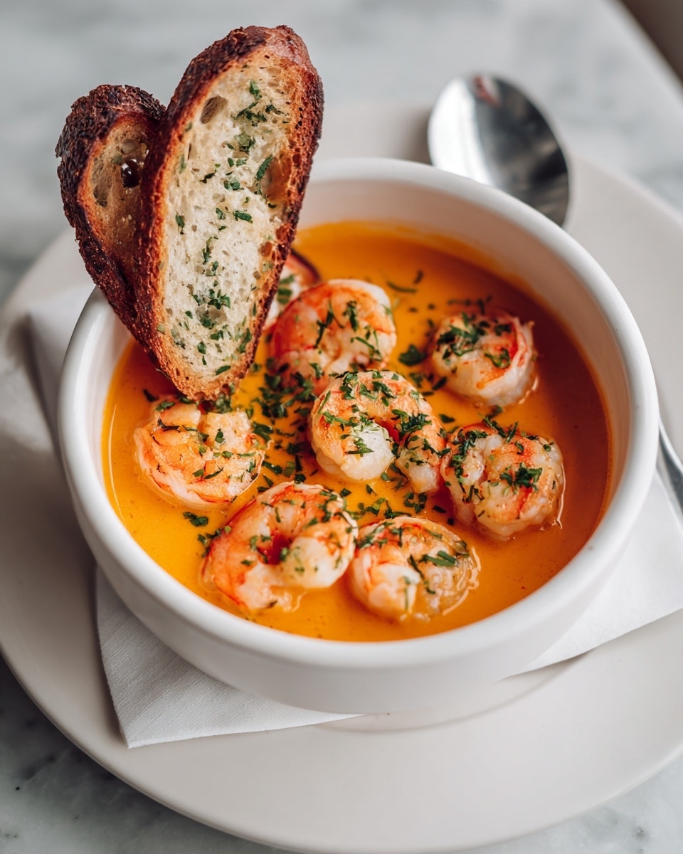 A white bowl filled with creamy orange soup, showing visible small shrimp pieces with pink and white colors floating on the surface. The soup is sprinkled with small green herbs and has two slices of crusty bread resting on the side of the bowl, partially dipped into the soup. The bowl sits on a white plate against a white marbled background. Photo taken with an iphone --ar 4:5 --v 7