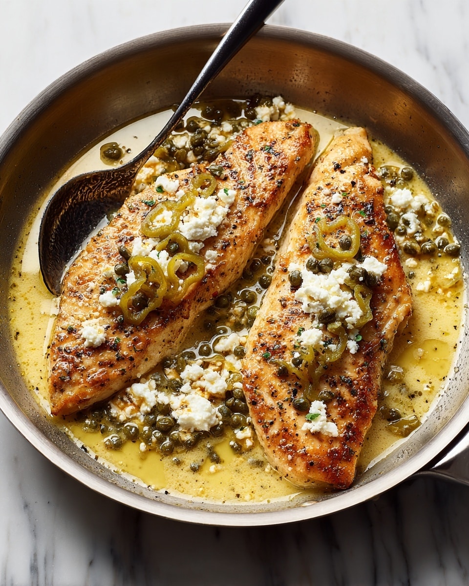 A white pan holds several cooked golden brown fish fillets with a slight crispy edge. The fillets are topped with thin bright yellow pepper slices, small green capers, and white crumbly cheese pieces scattered unevenly on top and around. There is a light yellowish sauce pooling in the pan around the fish. The background is a white marbled texture. photo taken with an iphone --ar 4:5 --v 7