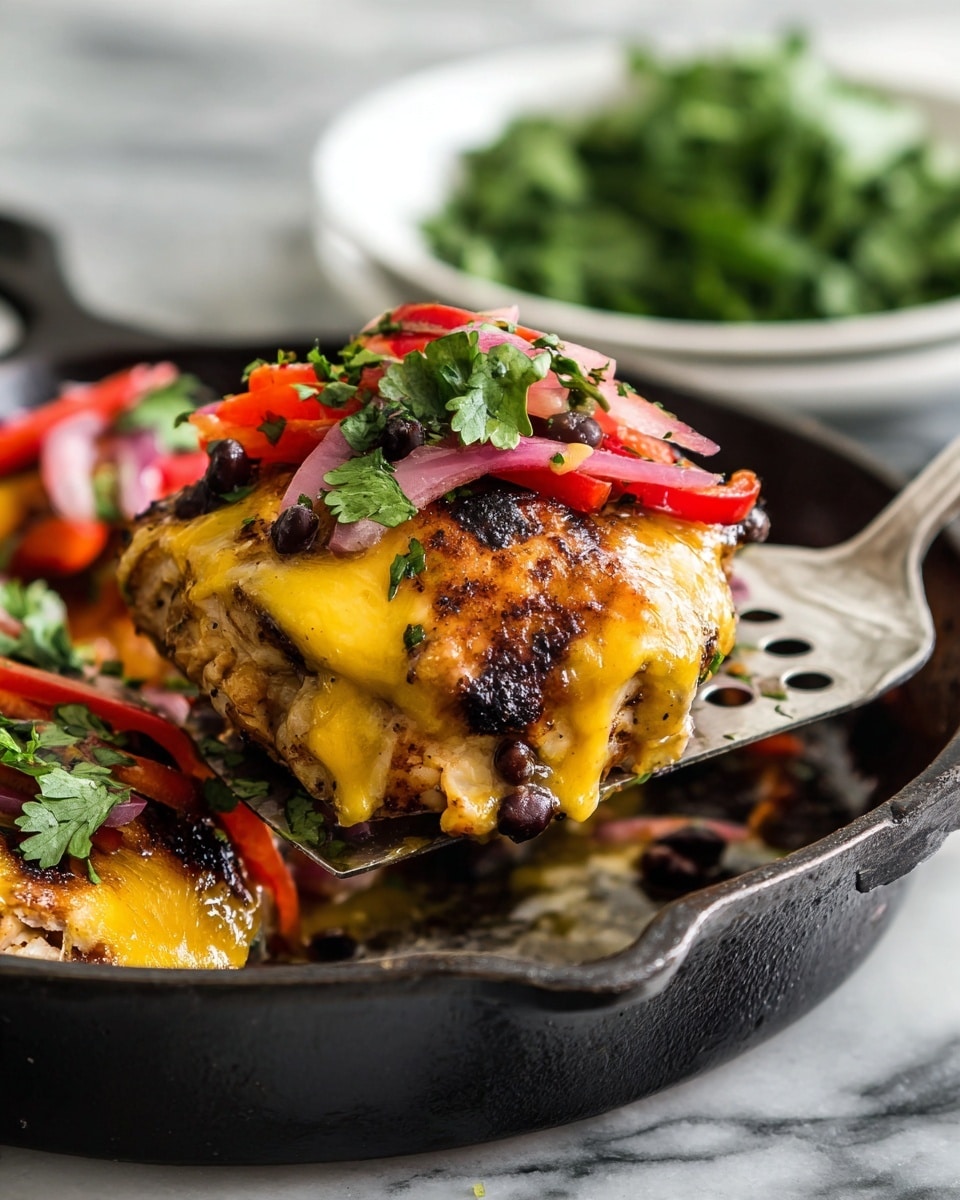 A close-up view of a black cast iron skillet on a white marbled texture, filled with cooked chicken thighs layered with melted yellow cheese that has a slightly browned and bubbly surface. On top of the cheese, there are sautéed red bell pepper strips, black beans, and cooked onions with a translucent and soft texture, all garnished with small green cilantro leaves. A metal spatula lifts one piece of chicken from the skillet, showing the layers clearly with the red pepper slices, black beans, and cilantro resting on the cheese. In the background, a white bowl containing fresh cilantro leaves can be seen. Photo taken with an iphone --ar 4:5 --v 7