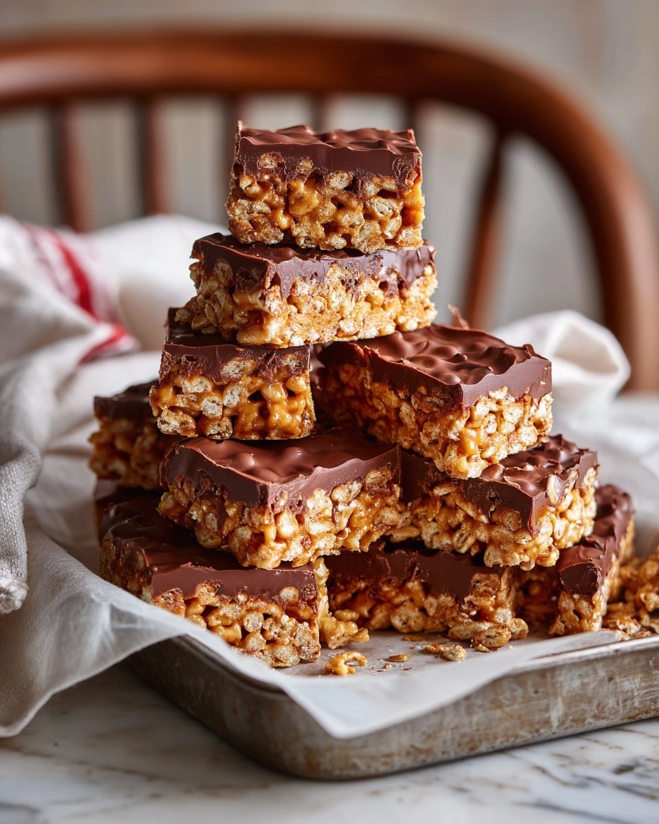 There is a stack of chocolate-covered crispy cereal clusters on a baking tray lined with parchment paper. The clusters have two main layers: a thick, glossy dark chocolate layer on top with a smooth texture, and a golden-brown crunchy cereal layer underneath. The clusters vary in size and shape, with some crumbs scattered around the tray. The tray is placed on a white marbled surface, and a wooden chair with a white towel draped on it is blurred in the background. photo taken with an iphone --ar 4:5 --v 7