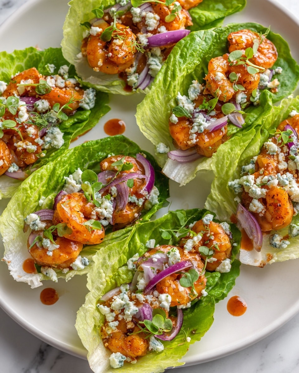 This image shows a white plate with five shrimp lettuce wraps arranged horizontally. Each wrap has a fresh green romaine leaf as its base, holding 2 to 3 orange and slightly reddish cooked shrimp with a glossy texture on top. Under and around the shrimp, there are thin slices of purple-red onion, bits of creamy white blue cheese with blue veins, and light green celery pieces. A small light green celery leaf sits on one of the shrimp in the middle wrap. The plate is placed on a white marbled surface. photo taken with an iphone --ar 4:5 --v 7