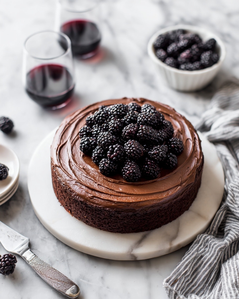 A single-layer round chocolate cake sits on a white marble plate, covered evenly with smooth chocolate frosting that has circular swirls on top. A cluster of blackberries, shiny and plump, is placed in the center as decoration. The plate is set on a white marbled surface with a gray cloth with black stripes to the top left, and two clear glasses filled with dark red wine near the cake. A silver cake server rests to the right side of the cake. photo taken with an iphone --ar 4:5 --v 7