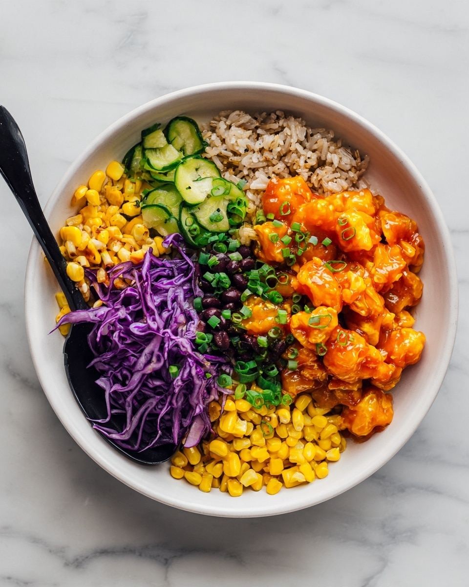 A white bowl filled with four main layers: at the bottom left is a mix of cooked rice and corn with some green onion pieces, next to it on the bottom right is bright yellow corn, above the corn is a portion of cubed orange glazed protein mixed with black beans and scattered green onion slices, and the top half of the bowl is topped with thin shredded purple cabbage and carrot strips mixed together, with a few round pickle slices partially visible under the cabbage. A black fork is placed on the right side, slightly digging into the cabbage and protein layers. The bowl sits on a white marbled surface. photo taken with an iphone --ar 4:5 --v 7